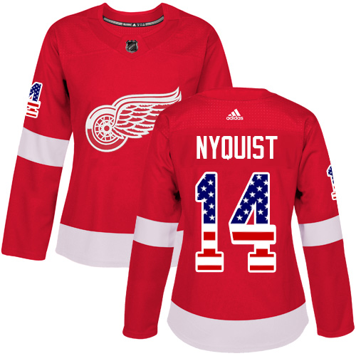 Adidas Red Wings #14 Gustav Nyquist Red Home Authentic USA Flag Women's Stitched NHL Jersey - Click Image to Close